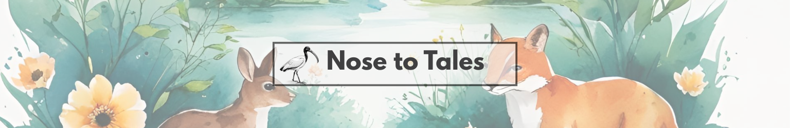 Nose to Tales by Latent Lifestyle. A water colour with a rabbit and fox in foreground and water behind in light blues and greens